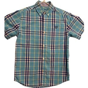 Chaps Plaid Short Sleeve Button‎ Up Shirt Casual Blue Yellow Kids M - EUC- NICE!